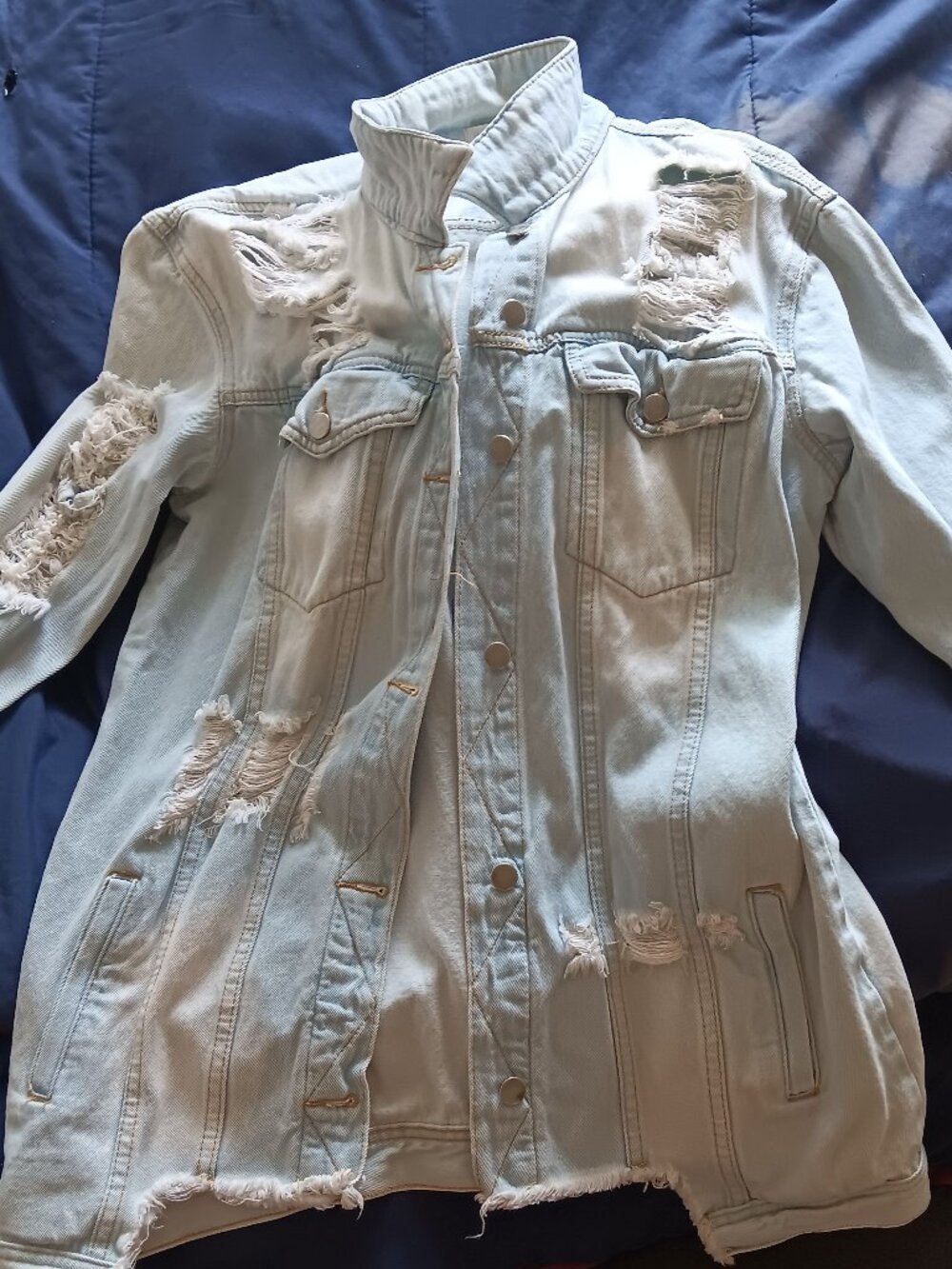 Women Oversized Destressed Light Blue Jacket